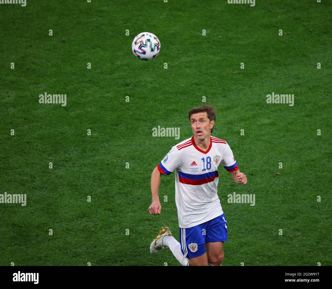 Saint Petersburg, Russia. 12th June, 2021. Yuri Zhirkov (18) of Russia seen in action during the European championship EURO 2020 between Russia and Belgium at Gazprom Arena.(Final Score; Russia 0:3 Belgium). (Photo by Maksim Konstantinov/SOPA Images/Sipa USA) Credit: Sipa USA/Alamy Live News Stock Photo