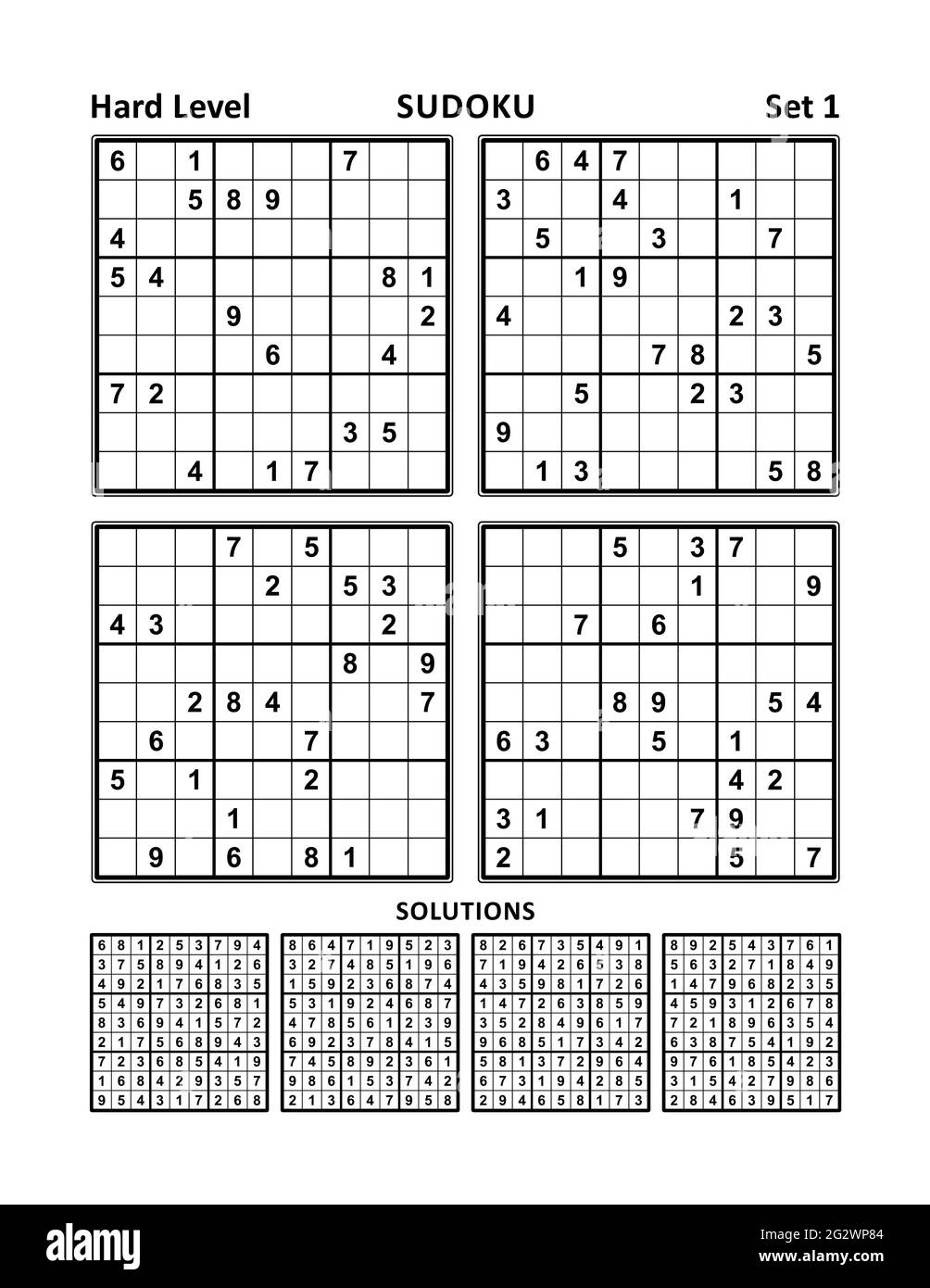 Four sudoku games of hard level, with answers. Set 1. Stock Photo
