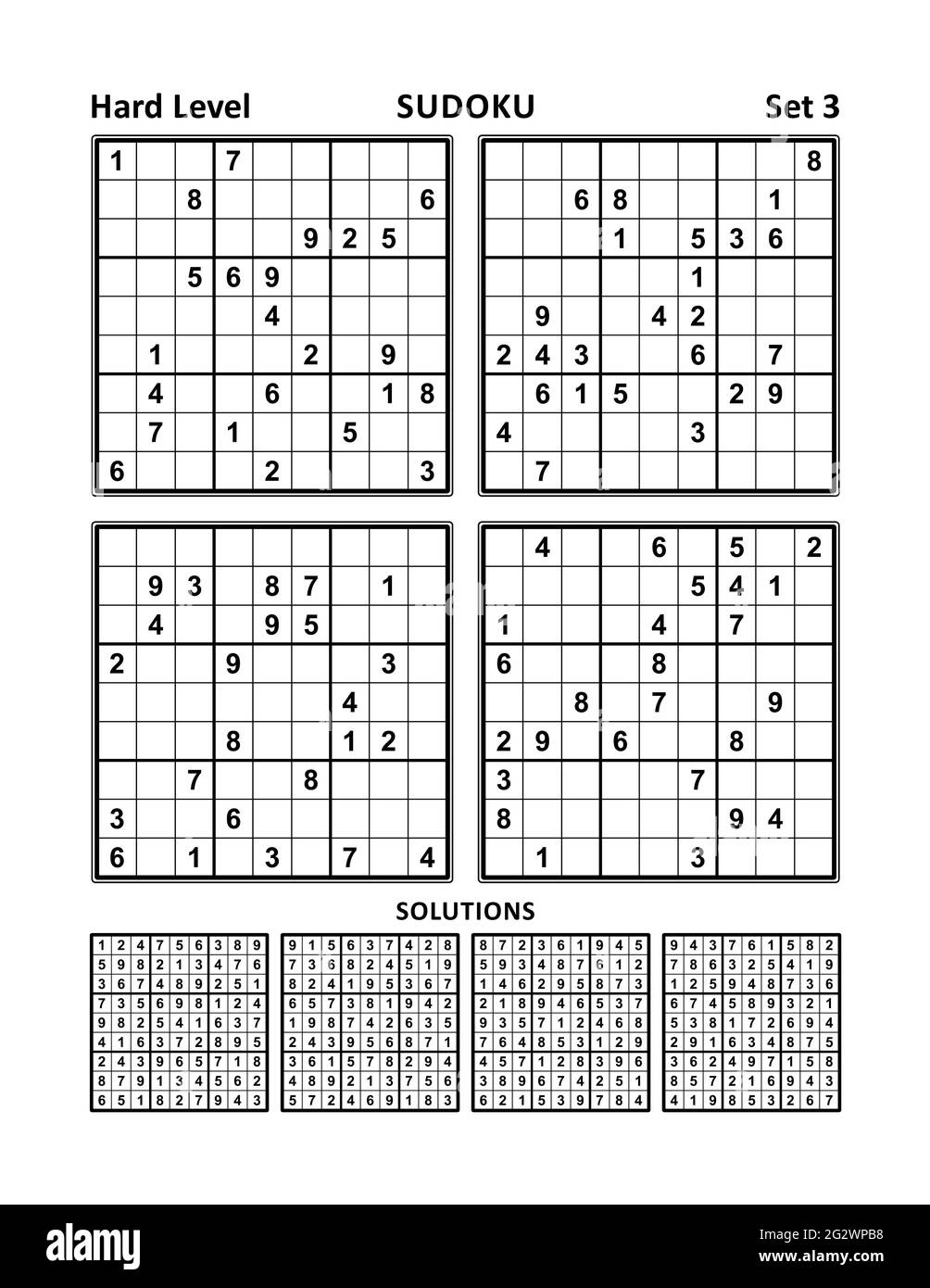 Four sudoku games of hard level, with answers. Set 3. Stock Photo