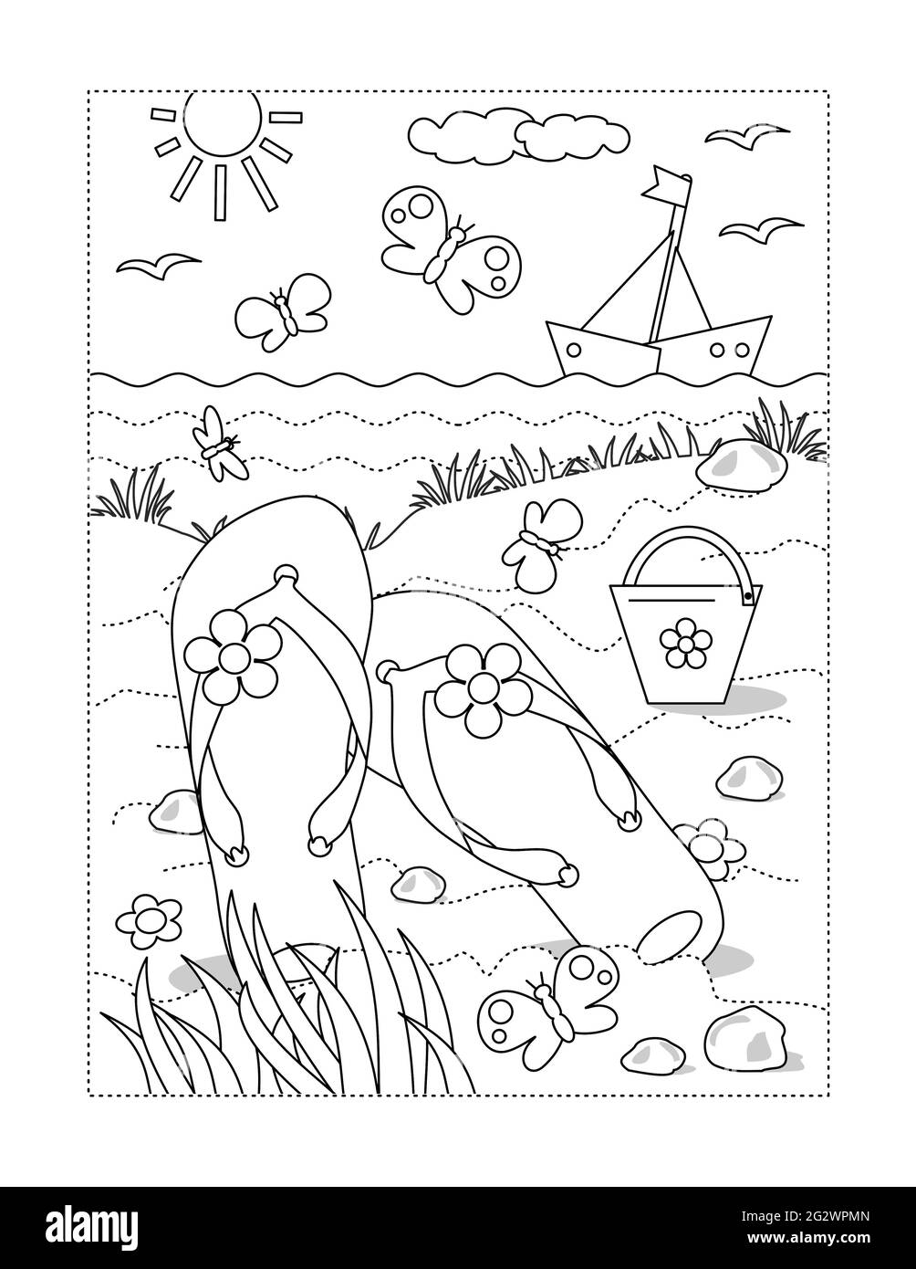 Coloring page with summer vacation scene - flip-flops, yacht, toy bucket at the beach Stock Photo