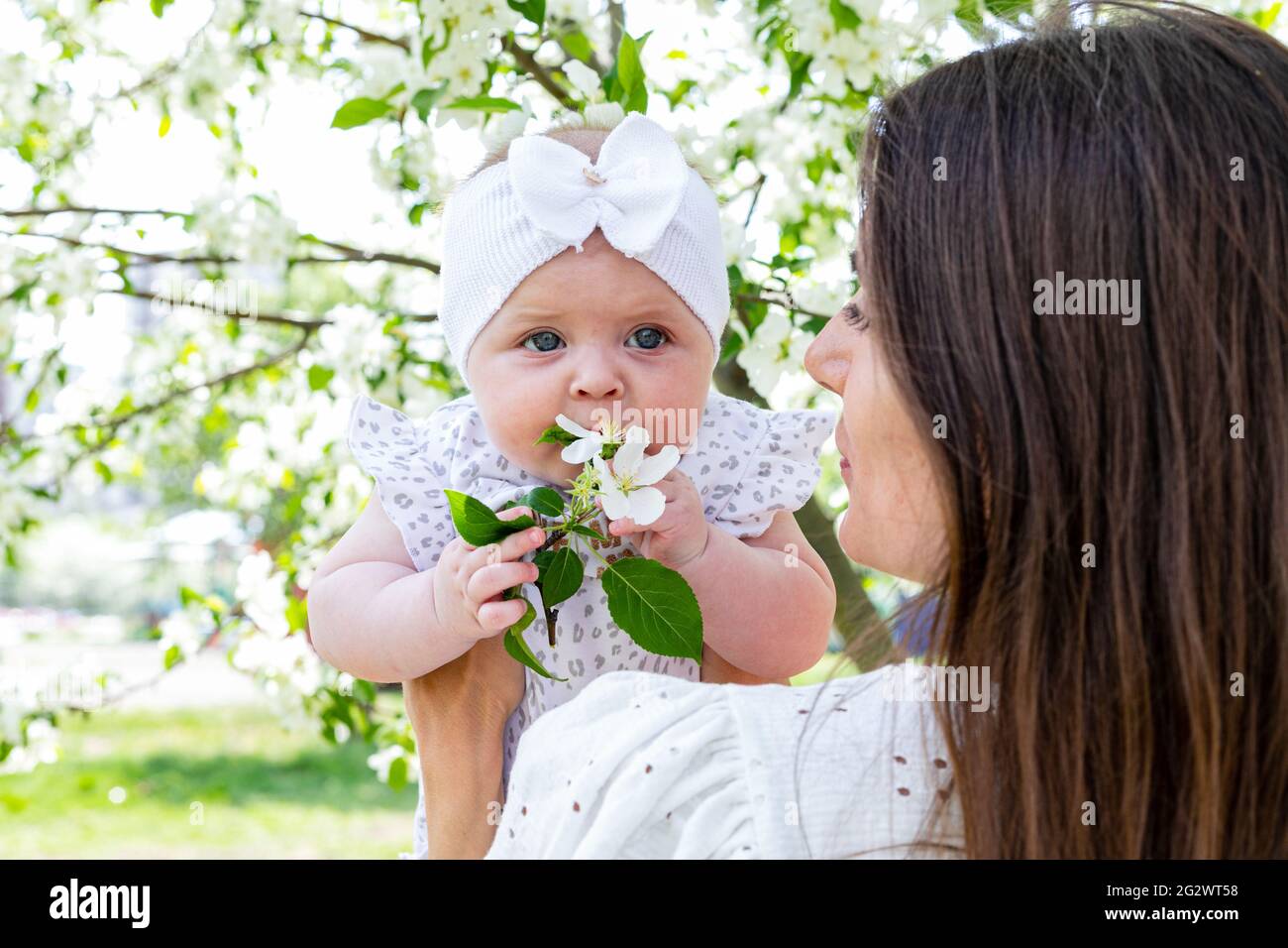 Happy family lifestyle photography. Smiling brunette mom and her little daughter in a blooming spring garden. Happy childhood and motherhood concept. Stock Photo