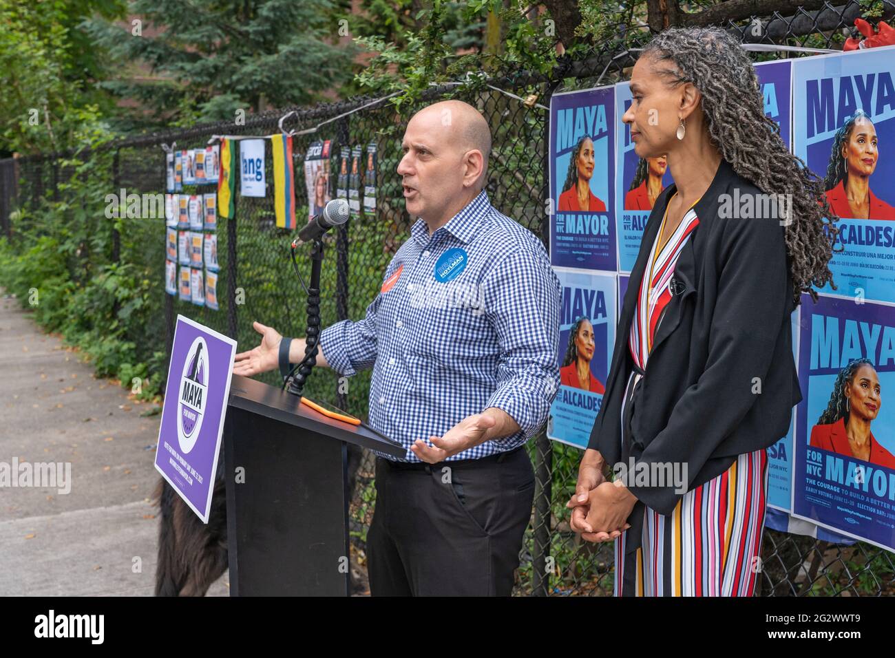 New York, United States. 12th June, 2021. Assembly Member Harvey Epstein endorses Maya Wiley for New York City Mayor outside City Hall in New York City. Mayoral candidate Maya Wiley speaks about housing as a human right. Ms. Wiley vows to make sure that rent is affordable and to fix our shelter system so all New Yorkers can live with dignity. Credit: SOPA Images Limited/Alamy Live News Stock Photo