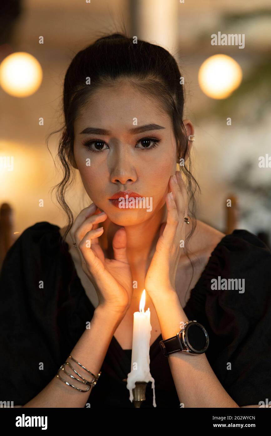 Happy eat girl dark hair hi-res stock photography and images - Alamy