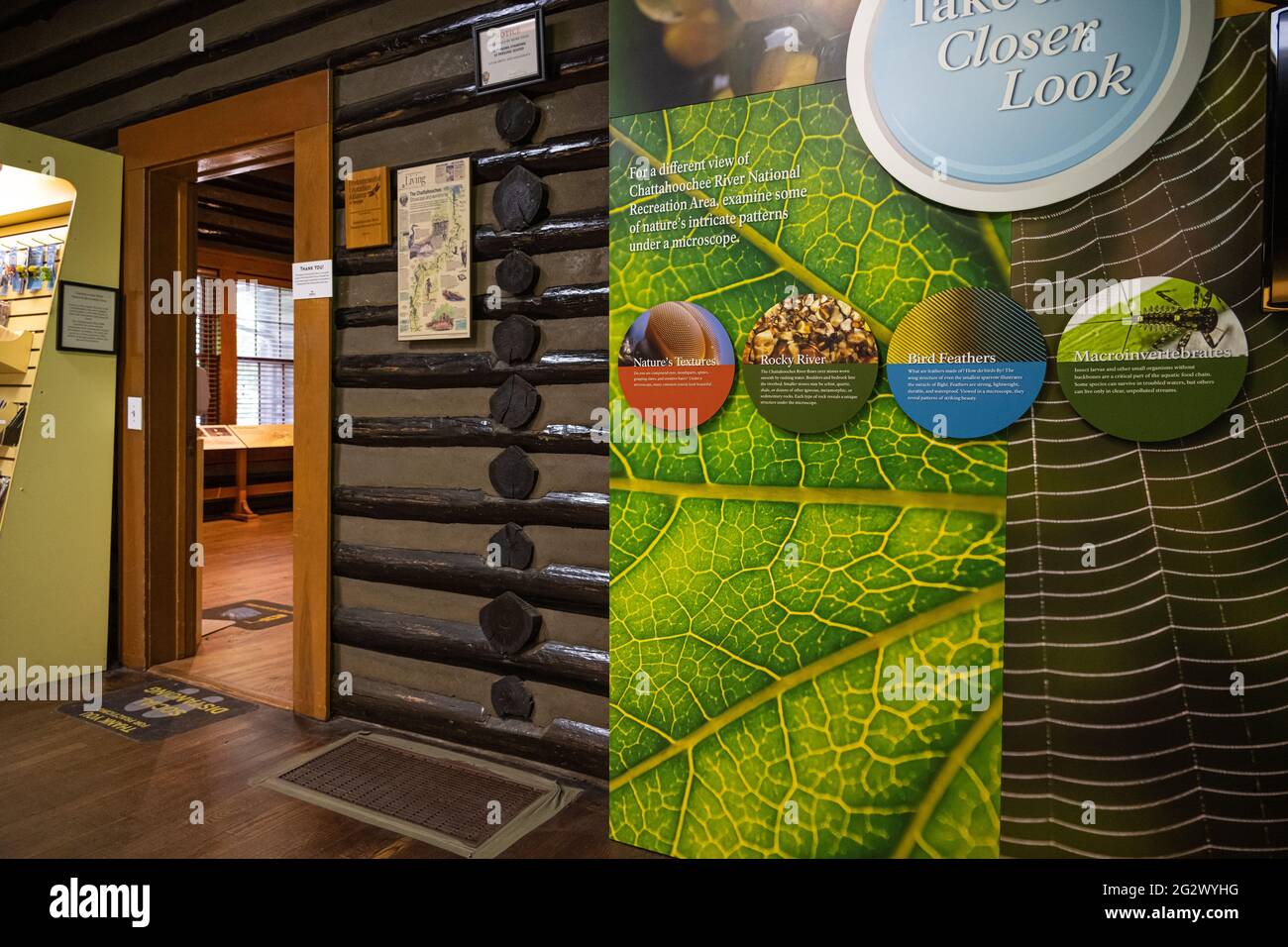 National Park Service's Hewlett Lodge Visitor Center in Sandy Springs, GA, at the Chattahoochee River National Recreation Area's Island Ford Unit. Stock Photo