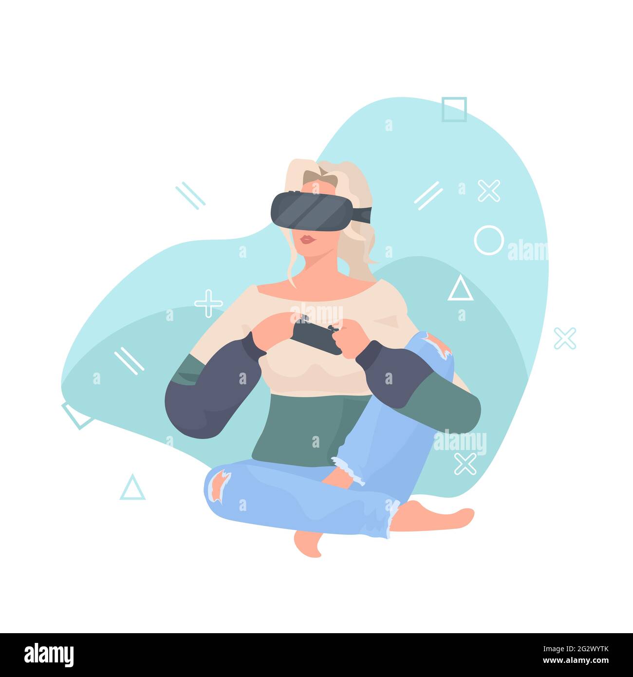 woman wearing vr glasses using joystick girl playing video games using