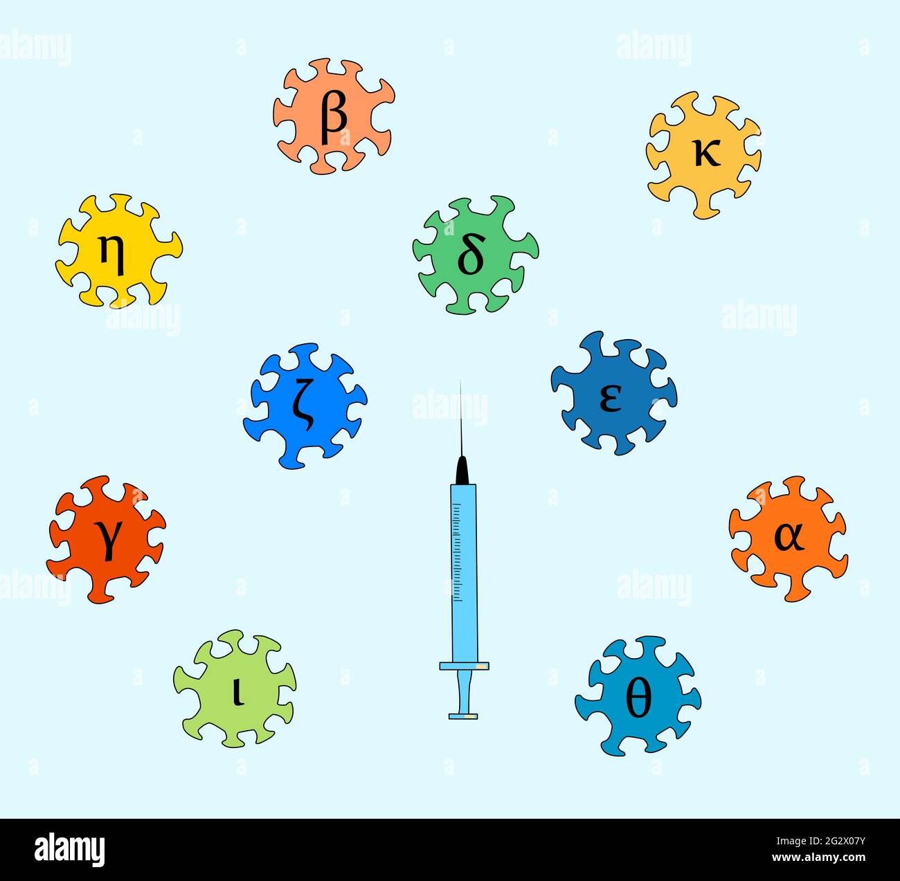 Vaccine against different coronavirus variants, which are named by Greek alphabets Stock Vector