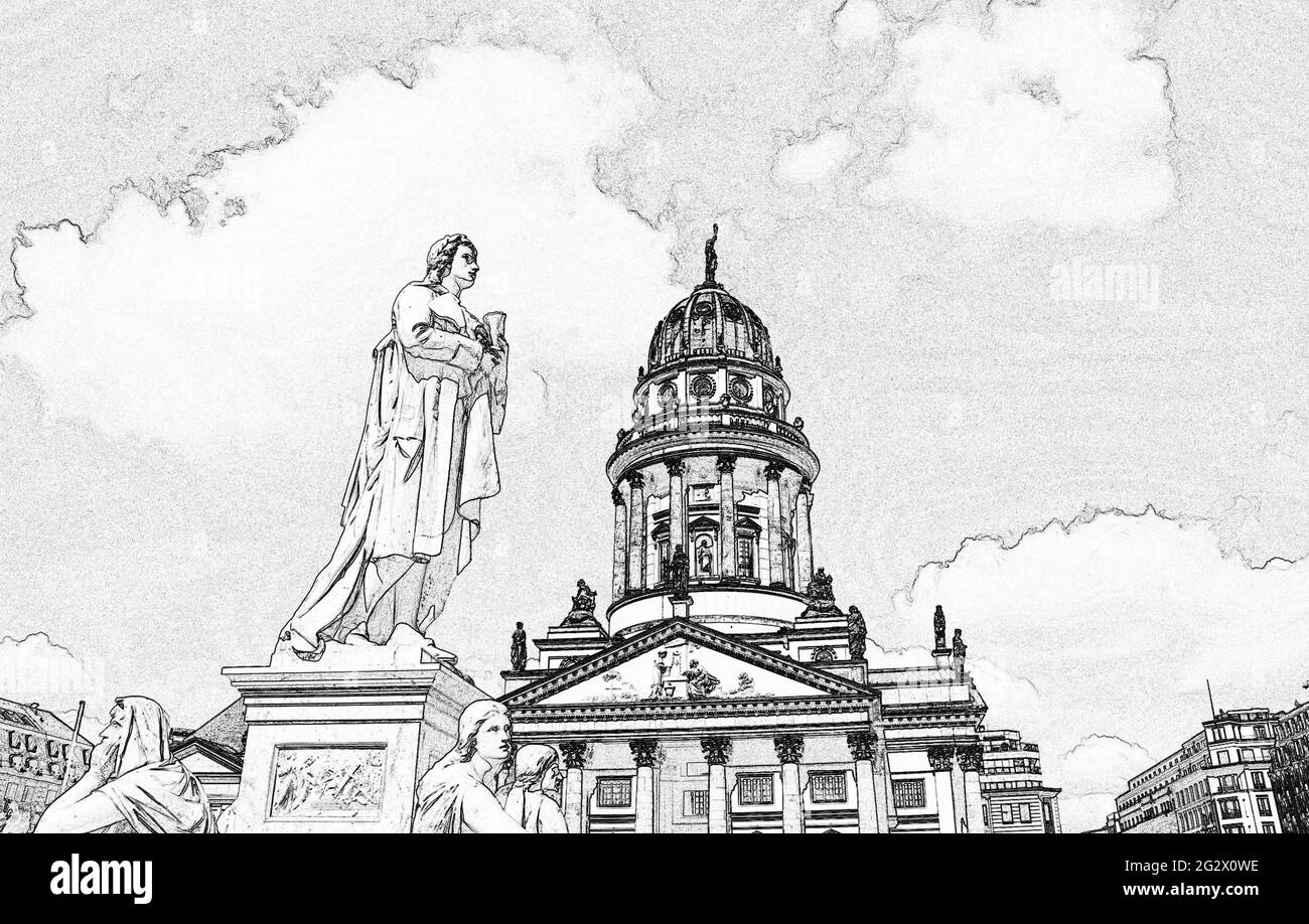 Französischer Dom ( French cathedral) and Friedrich Schiller statue, Gendarmenmarkt , Berlin,  Germany (illustration) Stock Photo