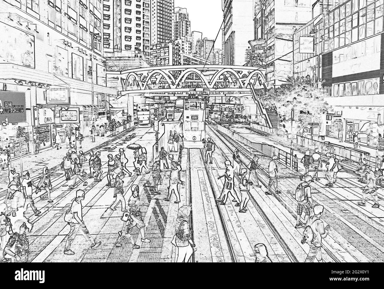 street scene,  Yee Wo Street and the famous Circular Pedestrian Bridge, Causeway bay, Hong Kong island, China (illustration) Stock Photo