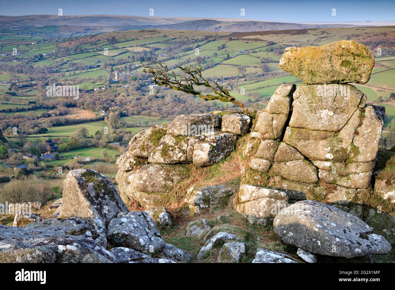 Chinkwell Tor above Widecombe-in-the- Moor in the Dartmoor National Park, Devon. Stock Photo