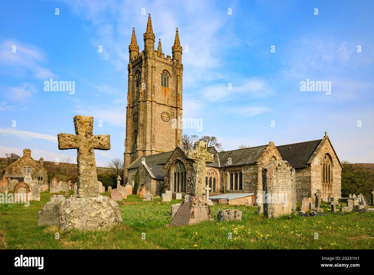 The churchyard at Widecombe-in-the-moor in the Dartmoor National Park, Devon. Stock Photo