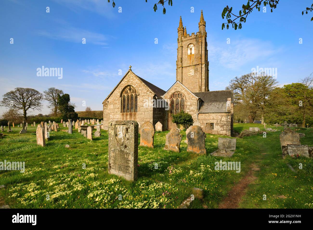 The churchyard at Widecombe-in-the-moor in the Dartmoor National Park, Devon. Stock Photo