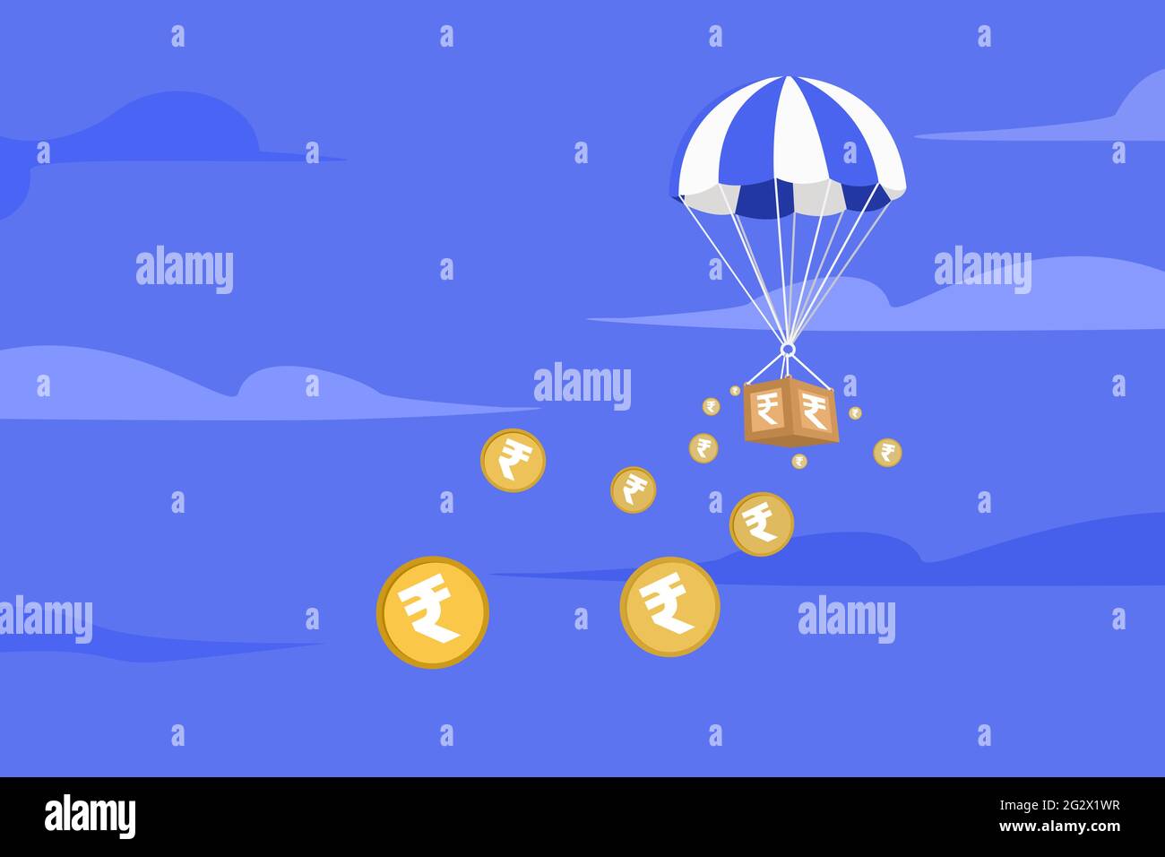 Conceptual illustration of Rupee coins falling in sky from a parachute Stock Vector
