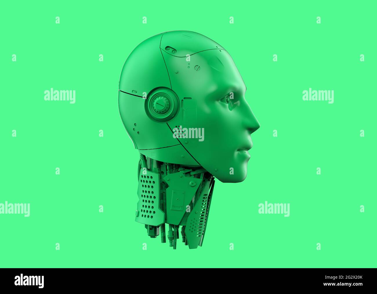 3d rendering green single color ai robot on green background Stock Photo
