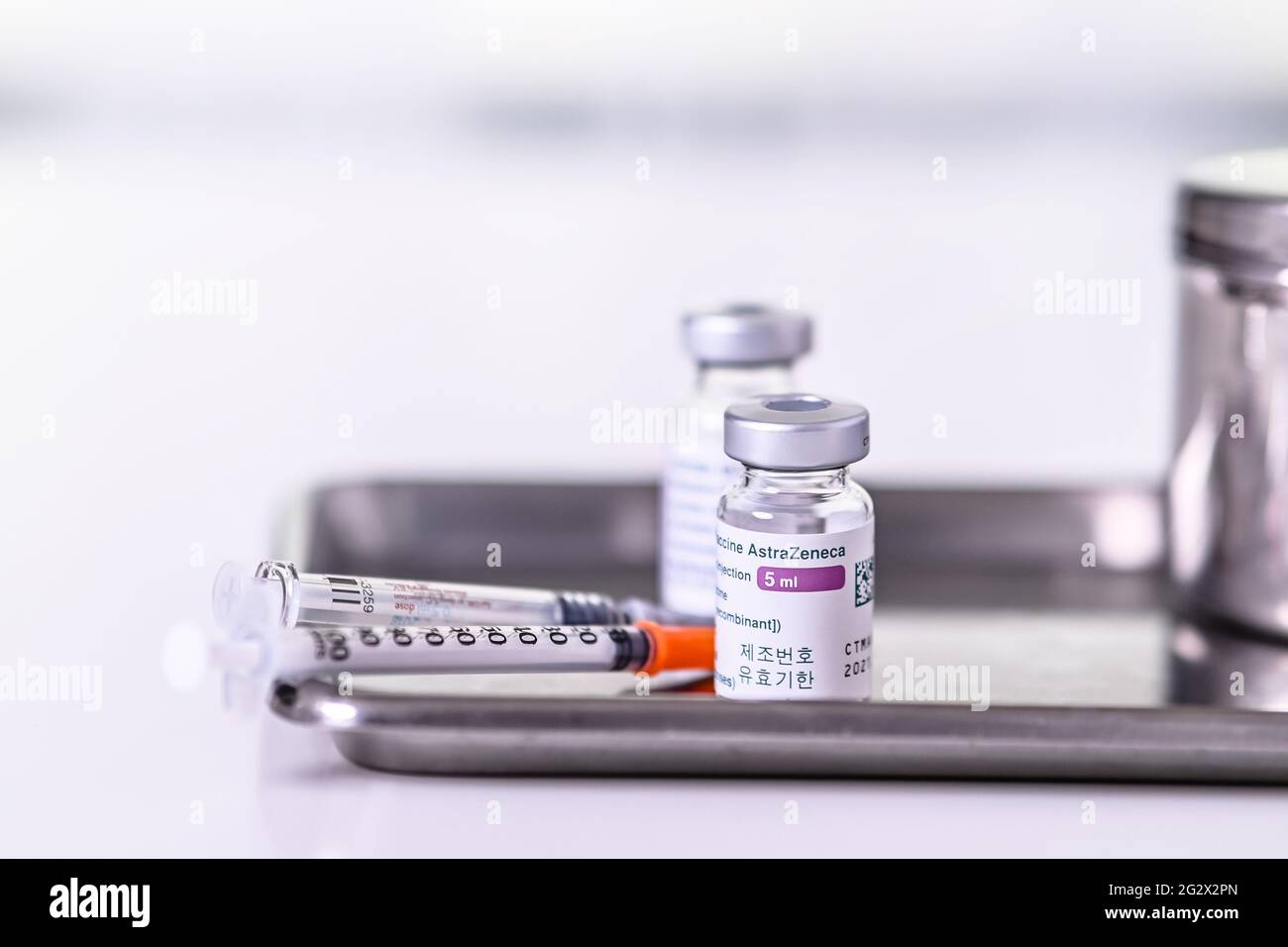 Thailand - June 5 , 2021 Close up of AstraZeneca Vaccine vials bottles for can help stop pandemic ,COVID-19 vaccines can help reduce the transmission Stock Photo