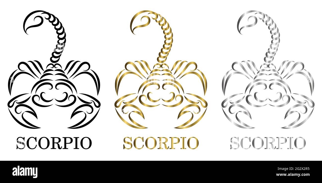 line vector logo of a scorpion It is sign of scorpio zodiac there are three color black gold silver Stock Vector