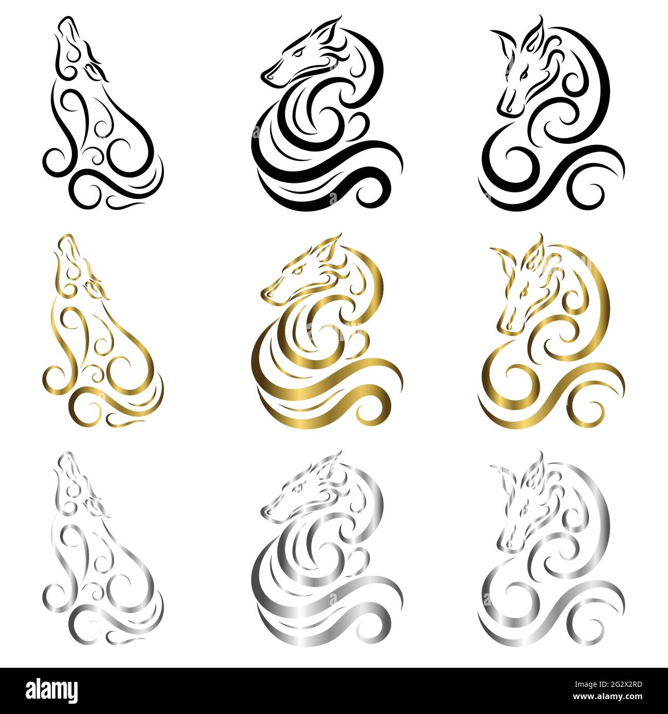 Line art vector of wolf. Can be used to make a logo Or decorative items There are three colors black gold and silver Stock Vector