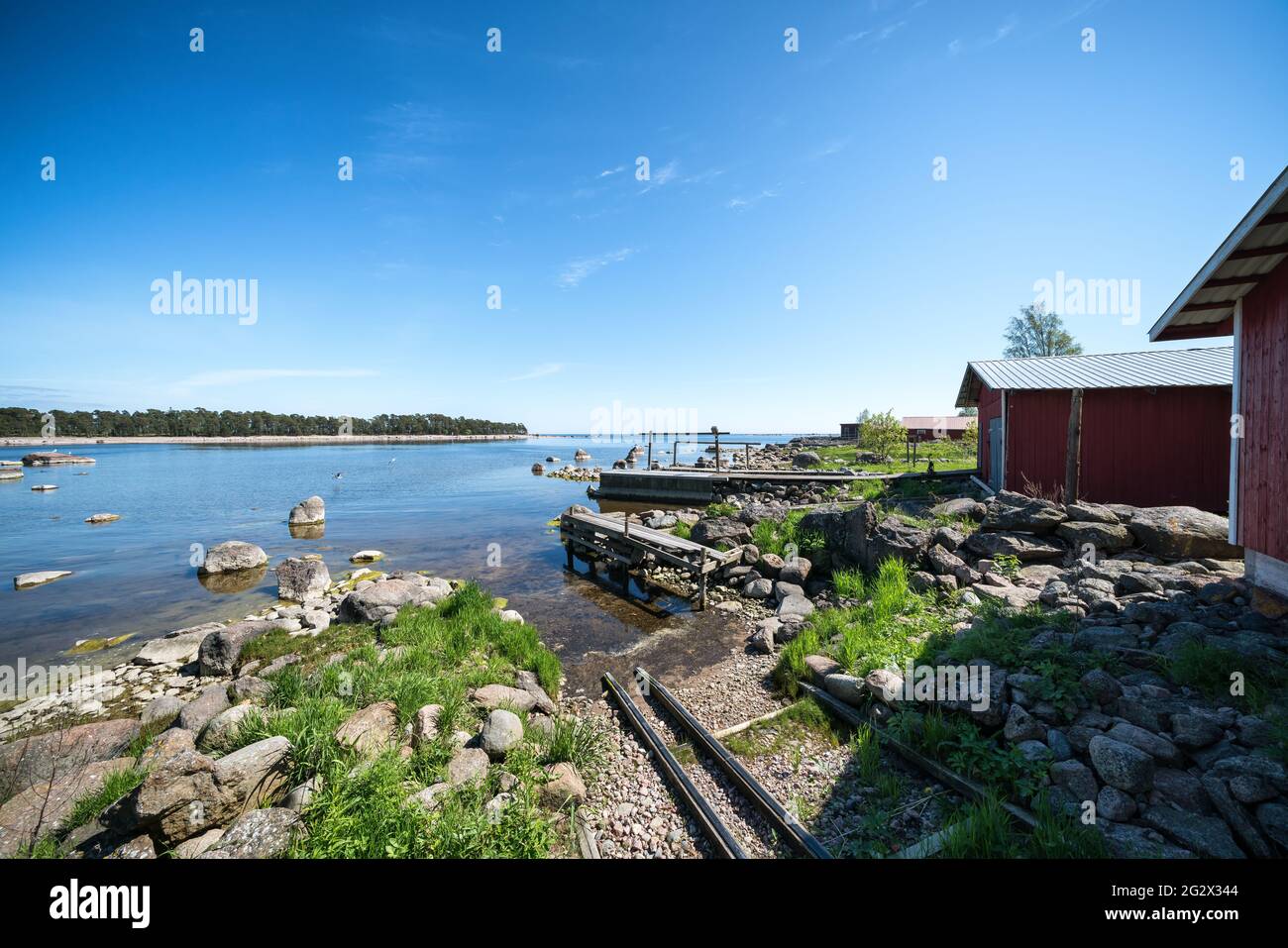 Boathouses at Haapasaari island, Kotka, Finland Stock Photo
