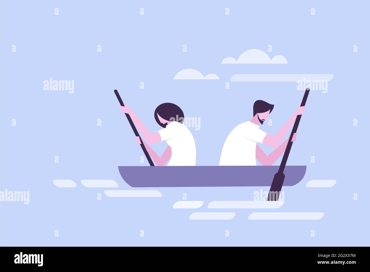 A couple rowing a canoe in opposite directions. Concept illustration for personal conflicts Stock Vector