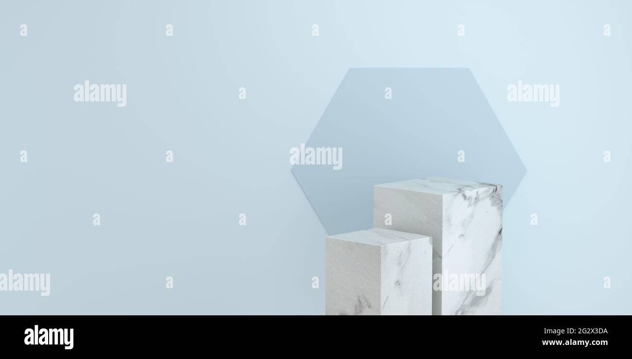 Marble cubes podium for product display on blue background with hexagon minimalist backdrop studio. 3D Rendering. Stock Photo