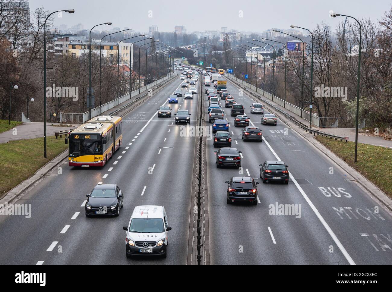Cars seen from pedestrian crossing over Lazienkowska Street in Warsaw, capital of Poland Stock Photo