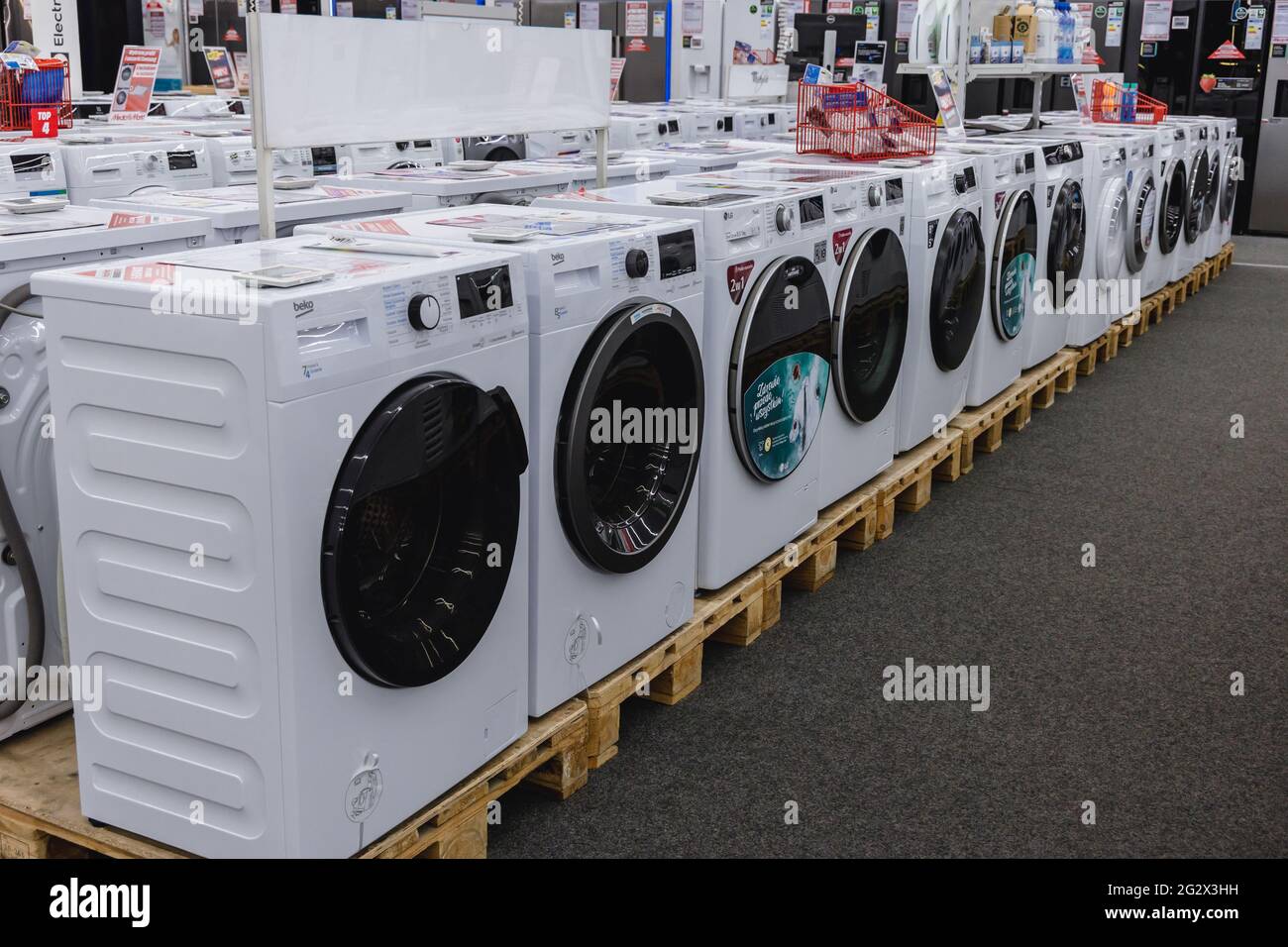 Washing machines in MediaMarkt store with household appliances and consumer  electronics in Warsaw, Poland Stock Photo - Alamy