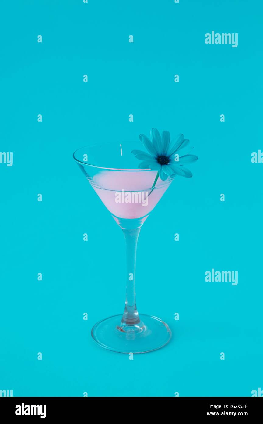 Pink neon drink cocktail with white flowers and all illuminated by blue light. Futuristic party celebration concept with minimal composition. Stock Photo