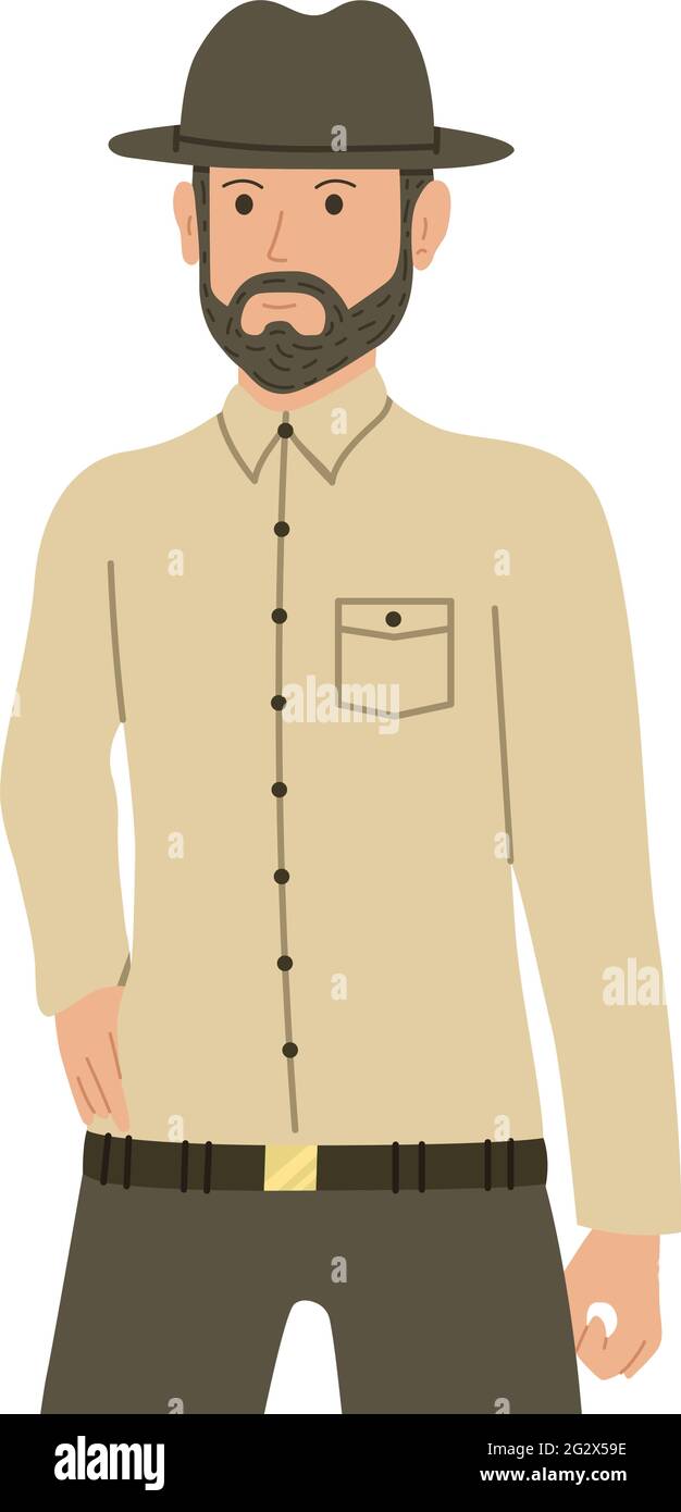 Attractive bearded man in a hat. Western man or ranger. Character in flat style. Stock Vector