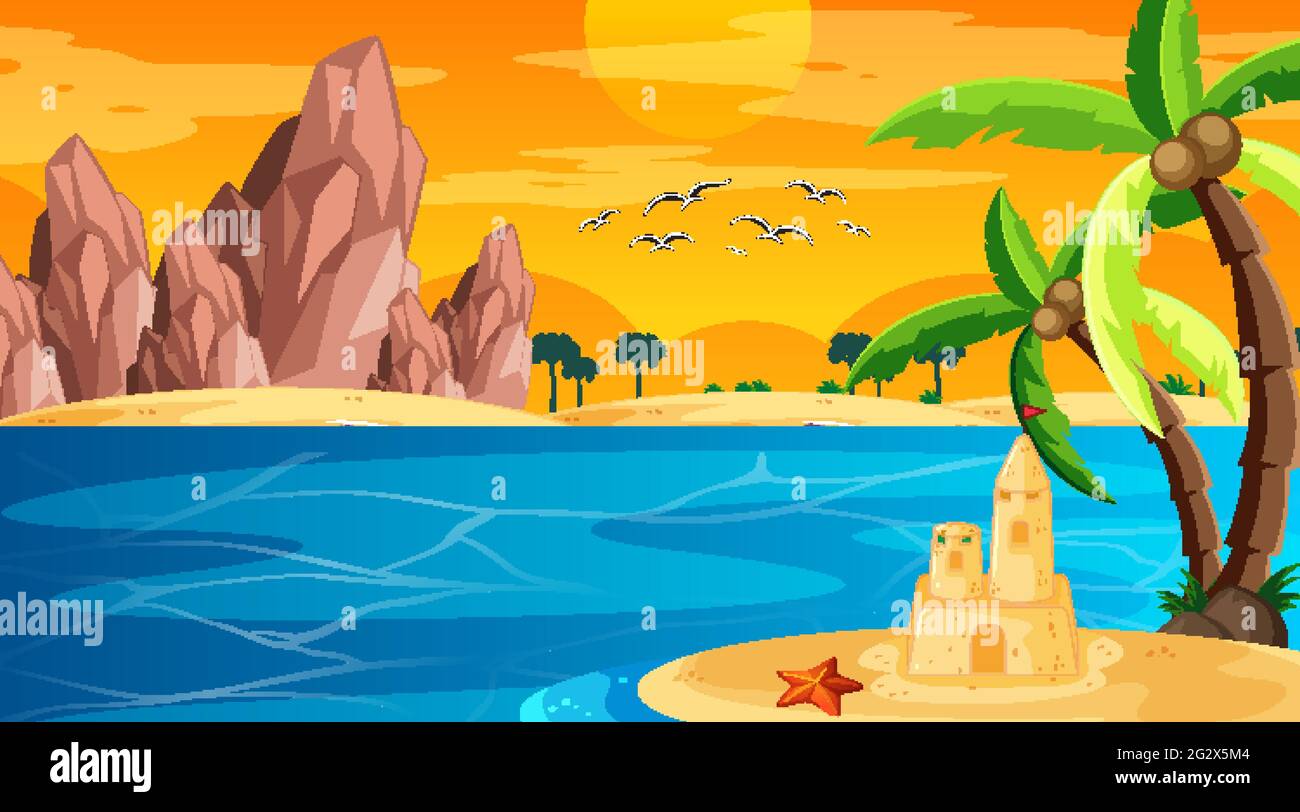 Beach at sunset time landscape scene with sand castle illustration ...