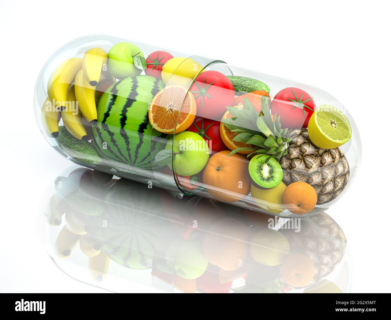 Vitamin pill capsule with fruits and vegetables. Nutrition supplemet and health eating concept. 3d illustration Stock Photo