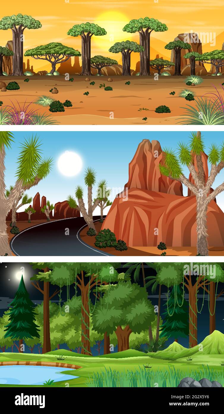 Set of different forest horizontal scenes illustration Stock Vector