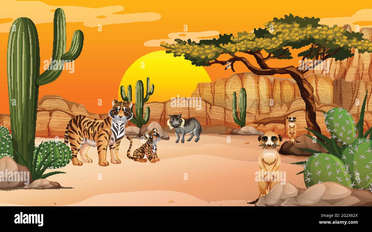 Desert forest landscape at sunset time scene with wild animals ...