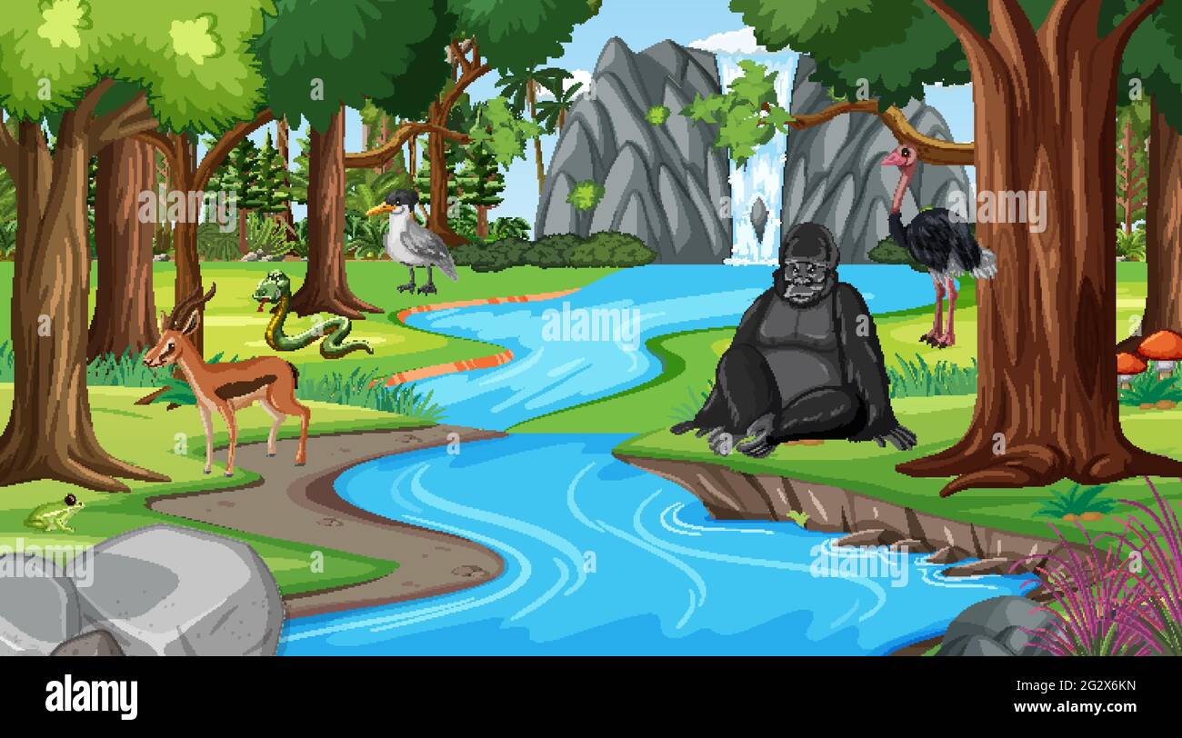 Forest scene with different wild animals illustration Stock Vector ...