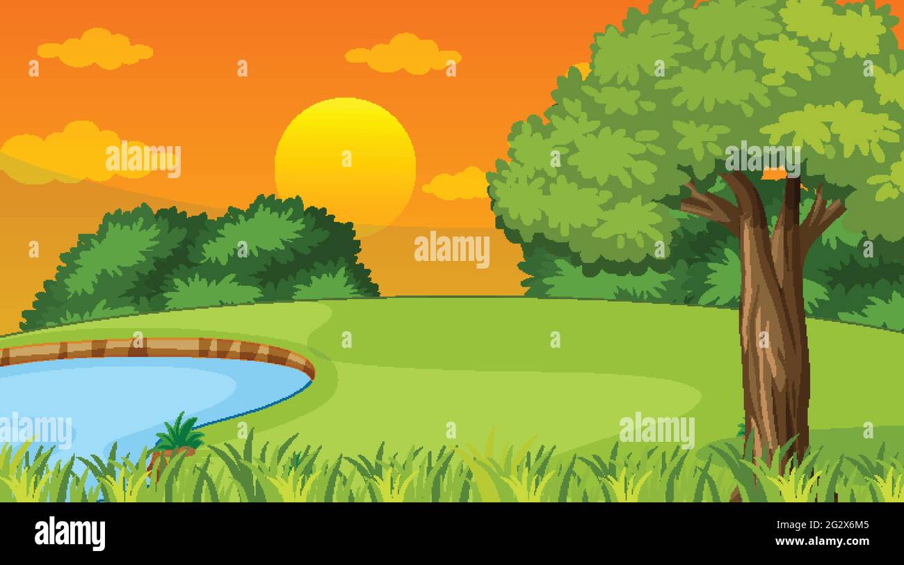 Landscape scene of forest with river and many trees illustration Stock ...