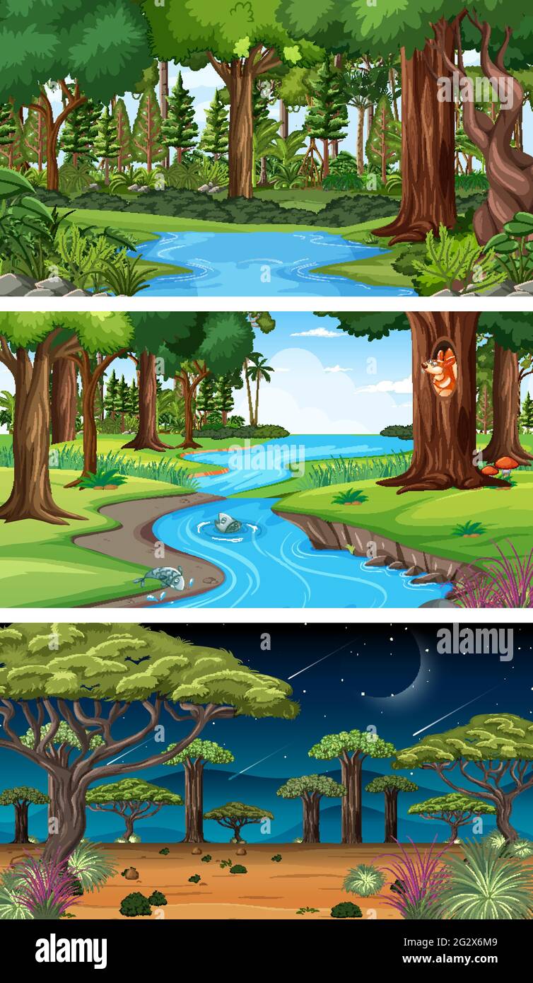 Three different nature horizontal scenes illustration Stock Vector