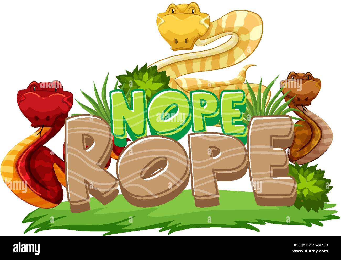 Many Snakes cartoon character with Nope Rope font banner isolated illustration Stock Vector