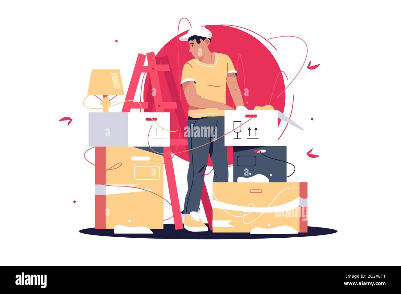 Man unpacking boxes after moving in Stock Vector