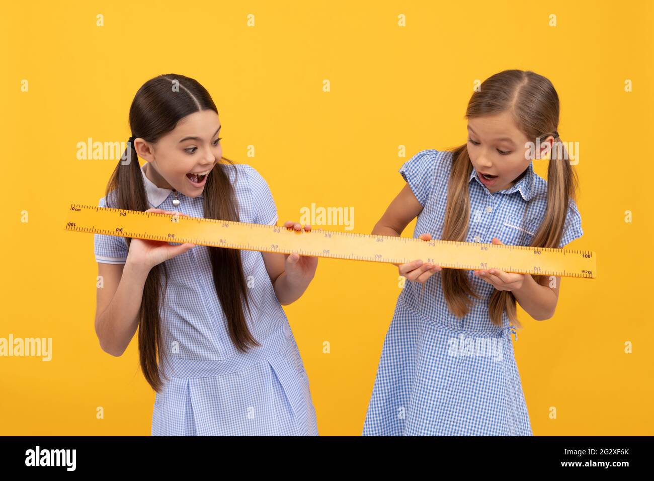Surprised elementary school children measure length on geometry lesson yellow background, school ruler Stock Photo