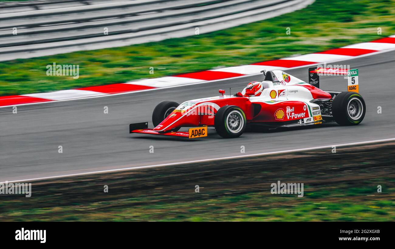 Oschersleben, Germany, April 28, 2019:male racing driver Gianluca Petecof driving a Prema Theodore Racing single-seater car Stock Photo