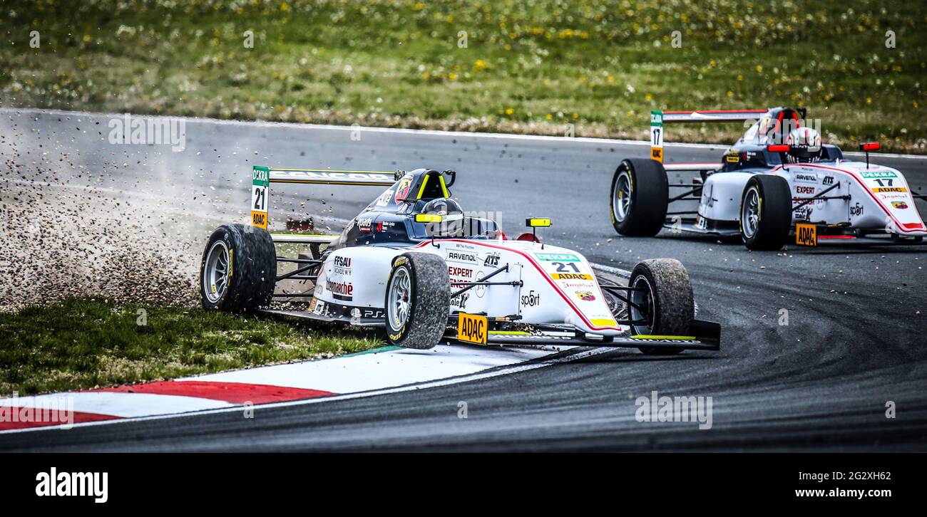 Oschersleben, Germany, April 26, 2019:US Racing CHRS single-seater car driven by Theo Pourchaire runs off the track during German ADAC Formula4 Stock Photo