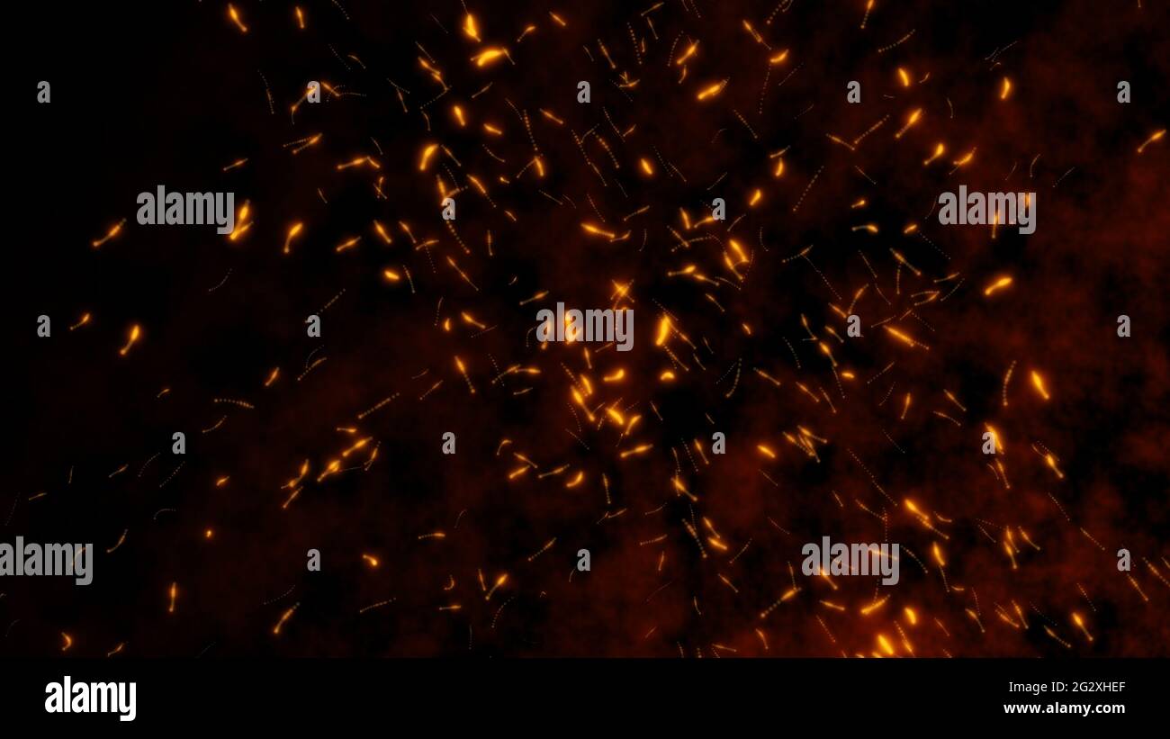 Burning red hot flying sparks fire from left to right in the night sky ...