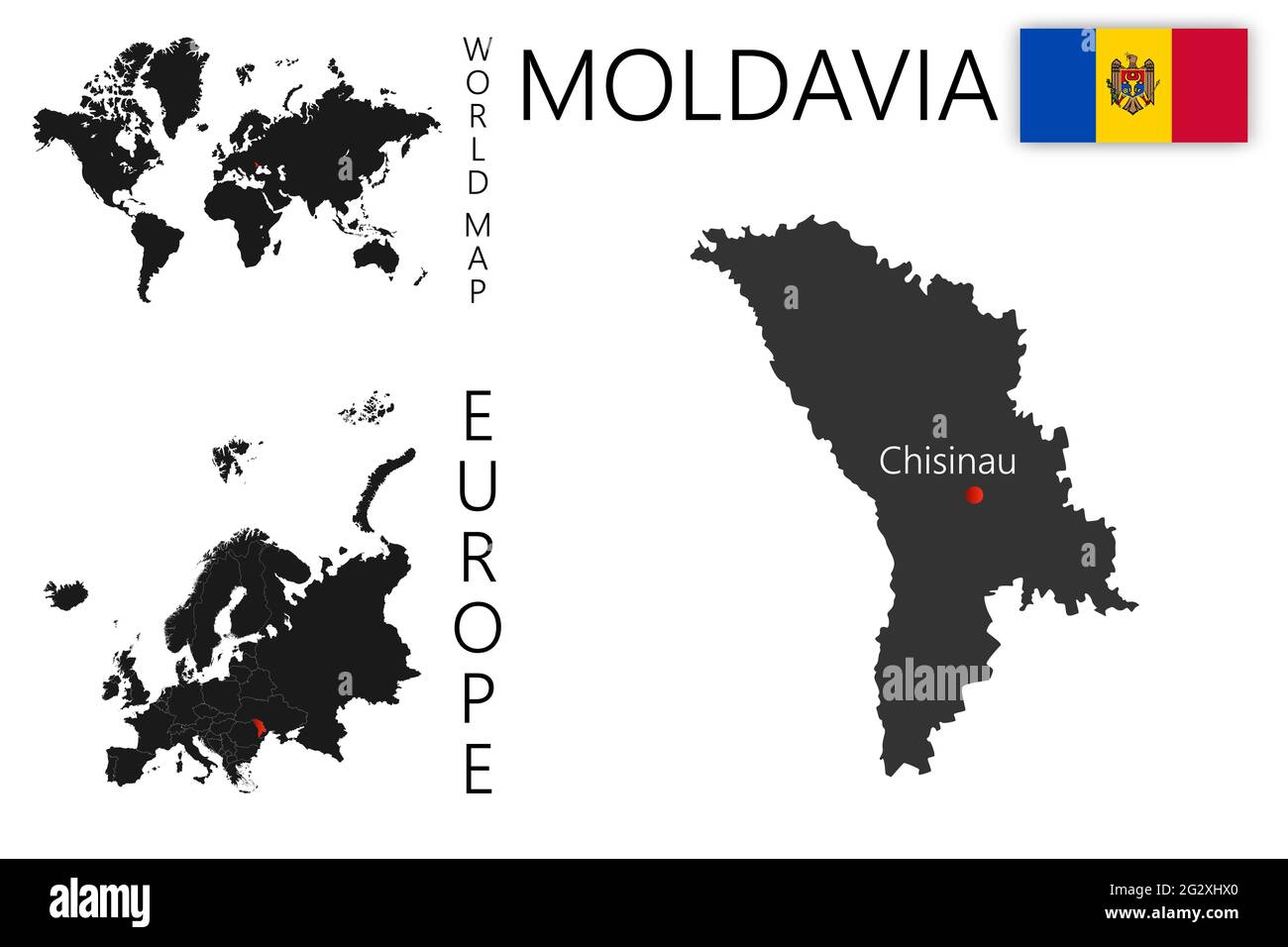 Realistic vector map of Moldavia with flag. The location of the country on the map of the world and Europe. A silhouette with detailed borders of the Stock Vector