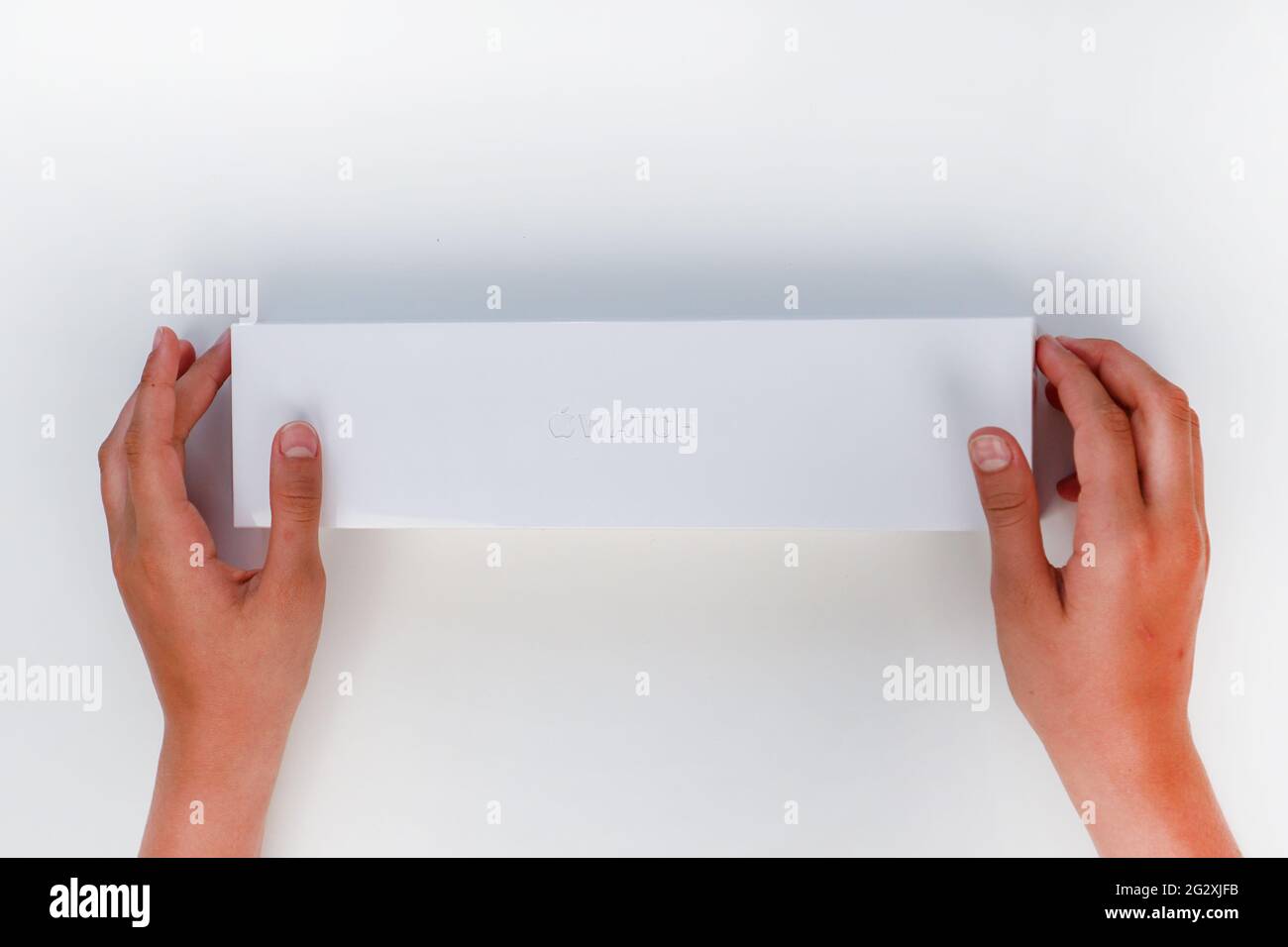 Unpacking Of A New Apple Watch Series 6 40mm Silver Aluminum Case White Sport Band On White Background Step One Russia Tatarstan June 10 2021 Stock Photo Alamy