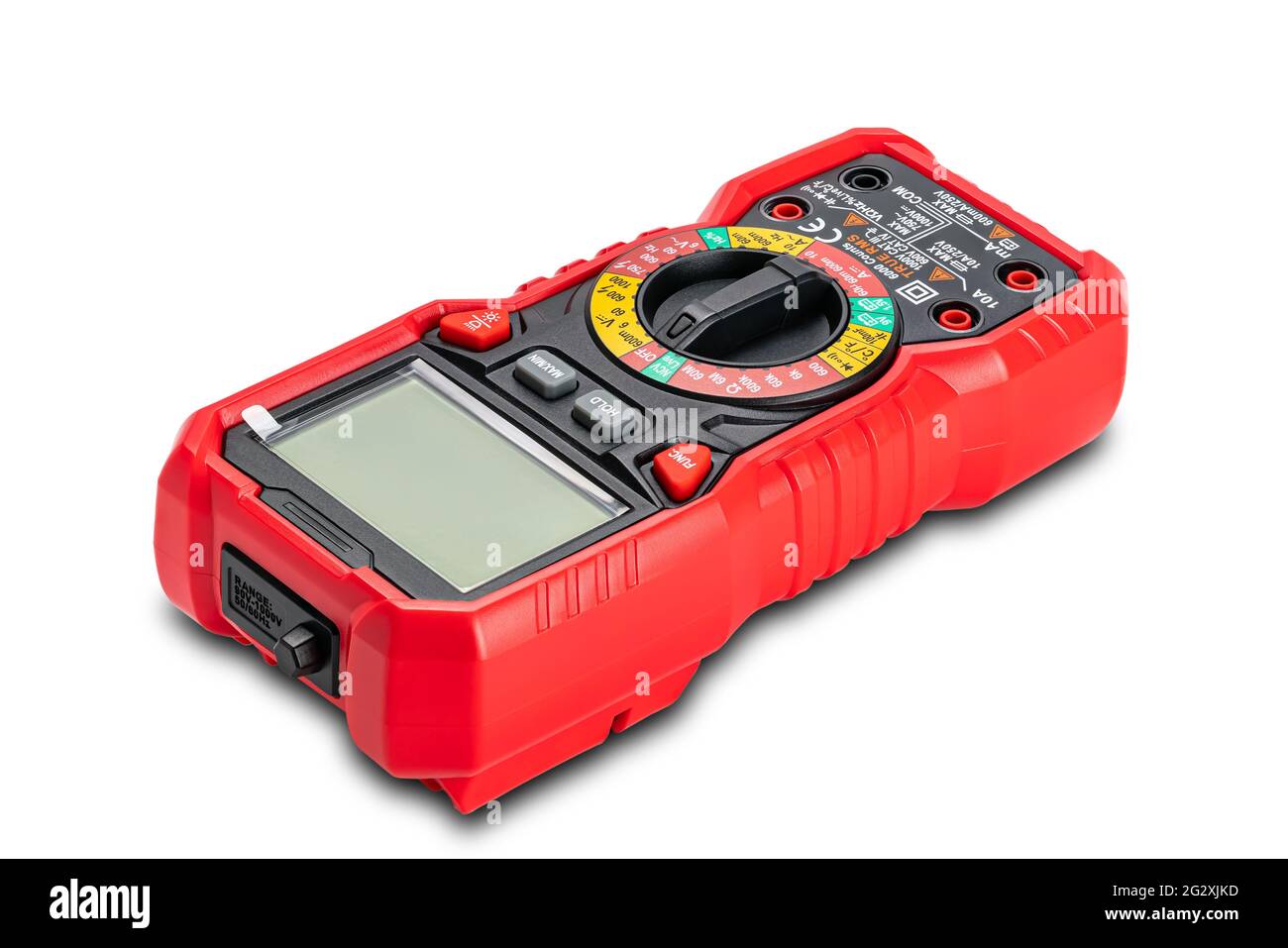 High angle view of red portable digital multimeters or multitester isolated on white background with clipping path. Stock Photo