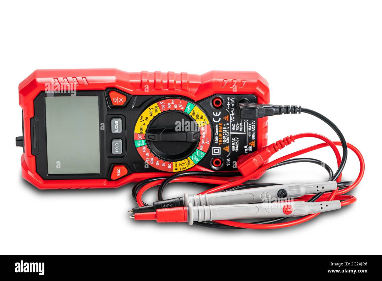 Side view of red portable digital multimeters or multitester with test leads and probes on white background contain clipping path. Stock Photo