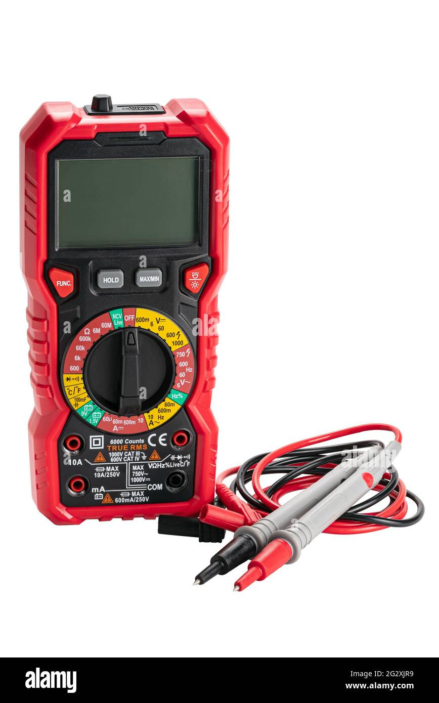 Upright view of red portable digital multimeters or multitester with test leads and probes isolated on white background with clipping path. Stock Photo