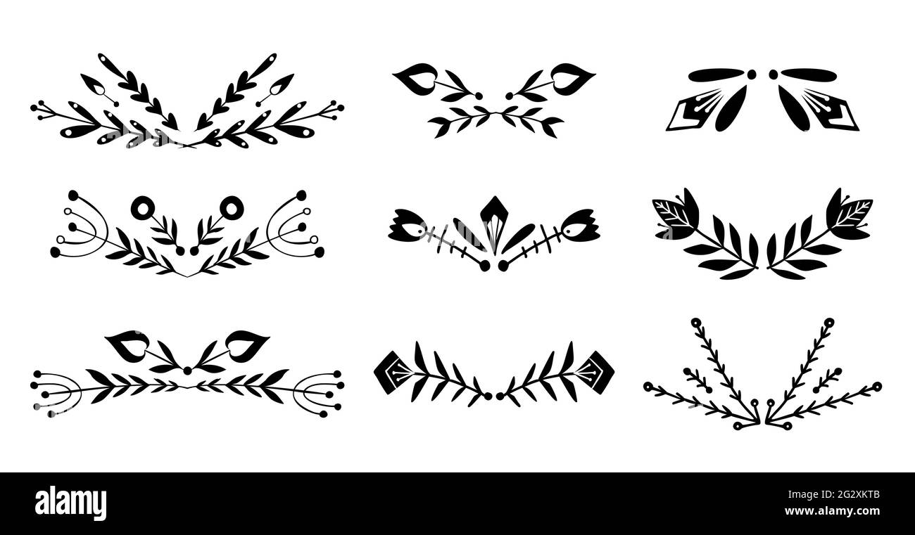 Set of black silhouette of spacers with tribal twig. Vector nature design elements. Folk plant text delimiters for article, invitation and card. Natur Stock Vector