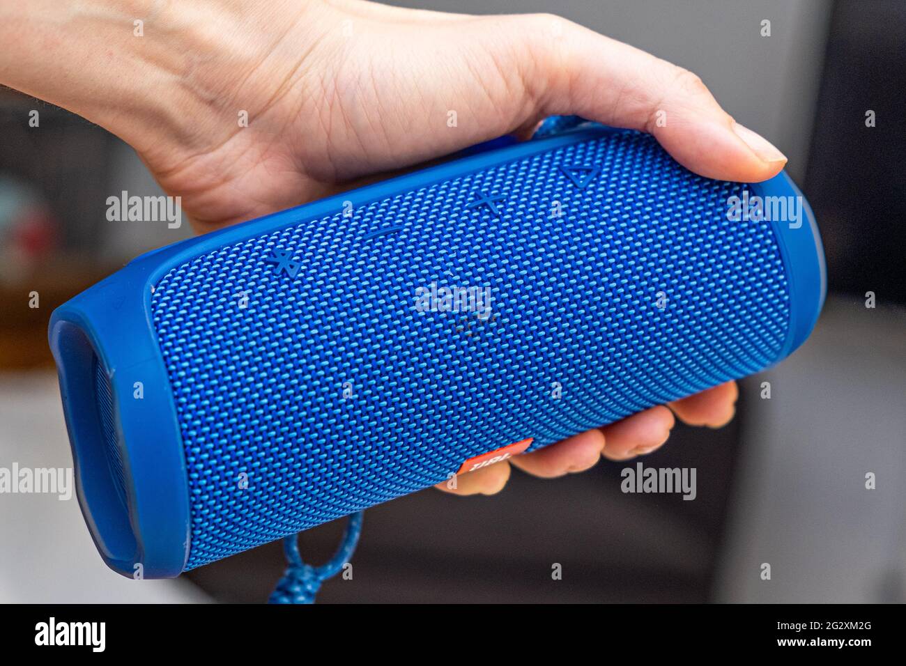 ISTANBUL, TURKEY - May, 2021: hand holding JBL Bluetooth music speaker  marco close up Stock Photo - Alamy