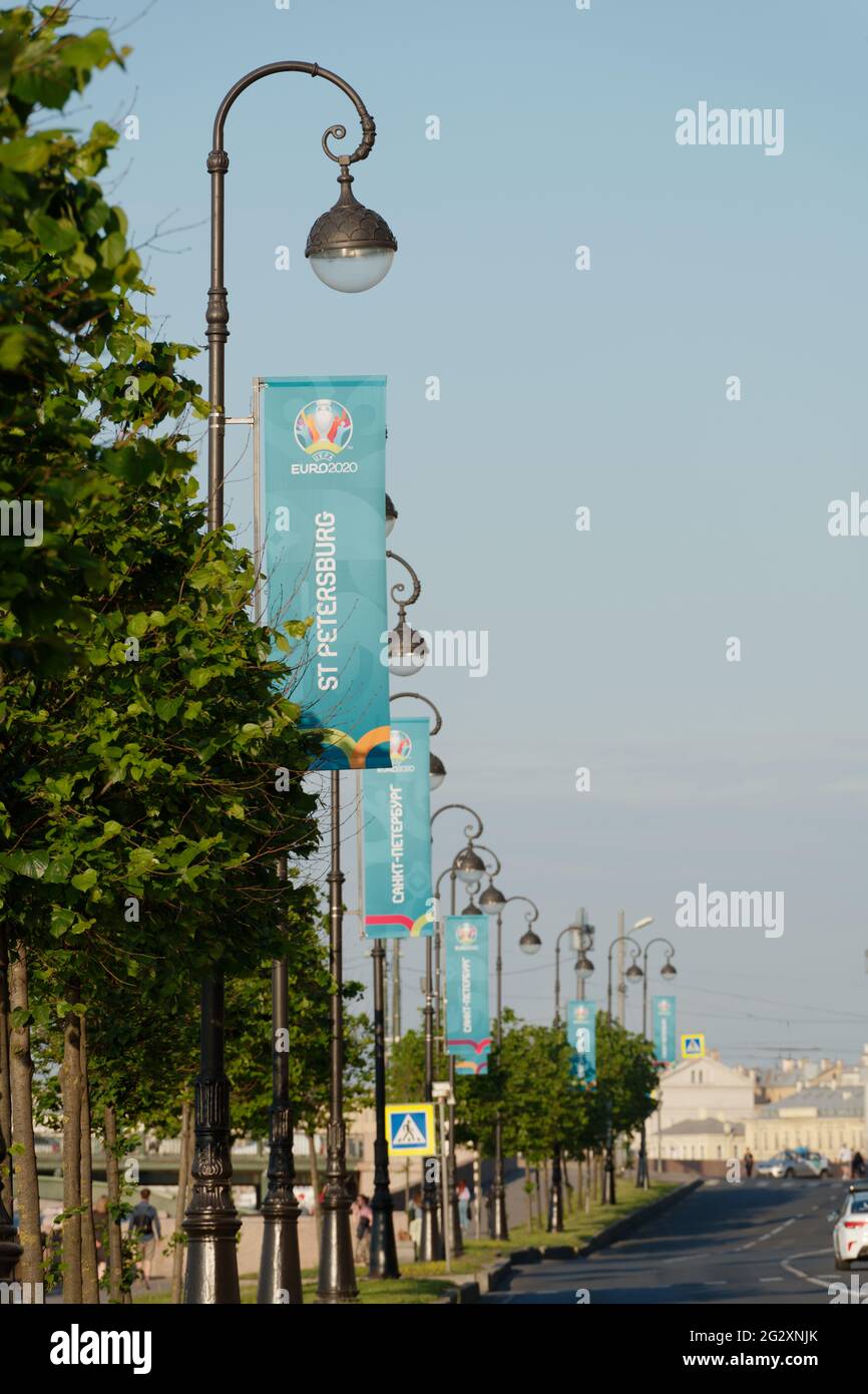 St. Petersburg, Russia - 12th June, 2021: Banners with logo of UEFA EURO 2020 in the day of the first match of this tournament in the city Stock Photo