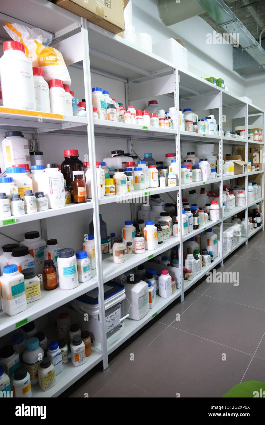 Madrid, Spain. June 1, 2021: Chemical storage room in a research laboratory. Stock Photo