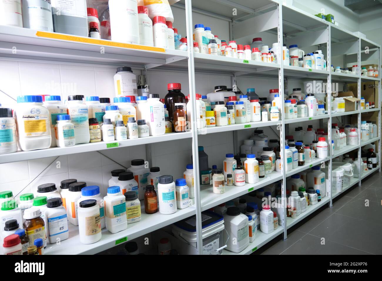 Madrid, Spain. June 1, 2021: Chemical storage room in a research laboratory. Stock Photo